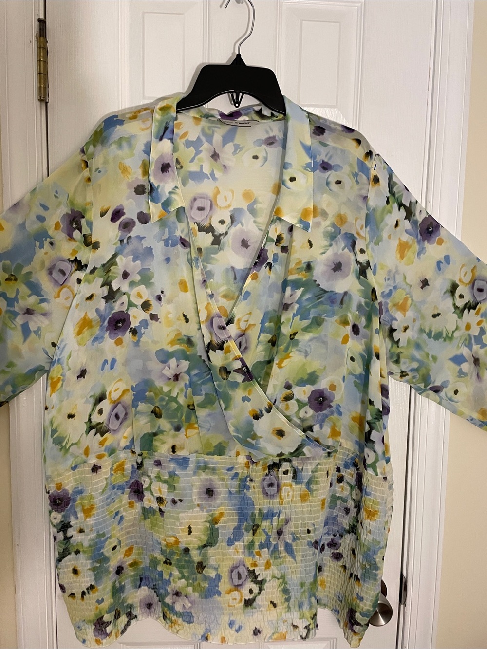 Blue Floral Stretch Smock Waist Collar Blouse with wide 3/4 Sleeves 4X